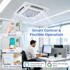 Ceiling cassette mini split AC with remote and app control, featuring 35000 BTU and 22.5 SEER2 for efficient cooling.