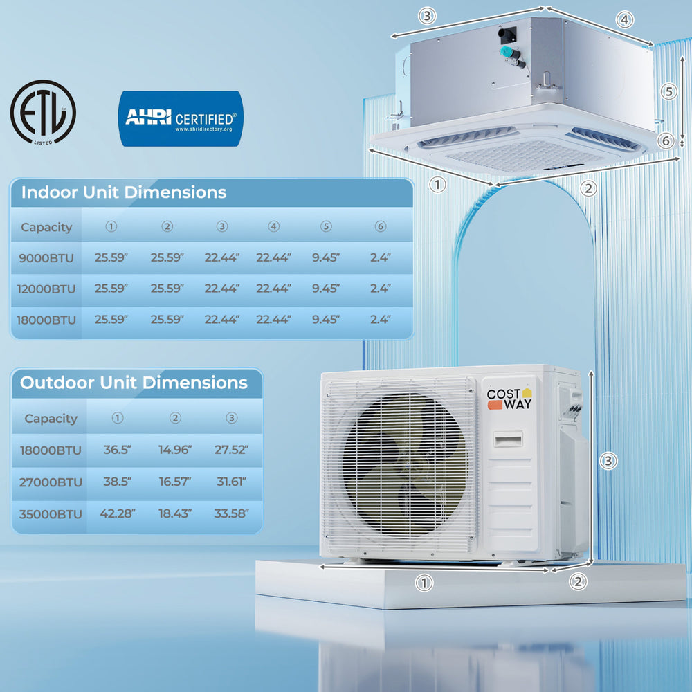 X-Pro 35000 BTU ceiling cassette mini split AC with 3 zones, featuring inverter technology and 360° airflow for.