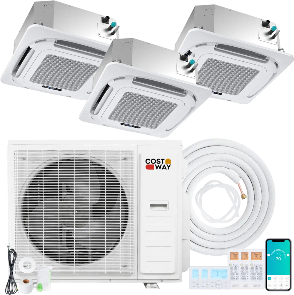 Ceiling cassette mini split AC system with 3 zones, 35000 BTU, featuring inverter technology and whisper-quiet.