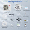 Ceiling cassette mini split AC package includes outdoor unit, indoor unit, thermostats, and installation accessories.