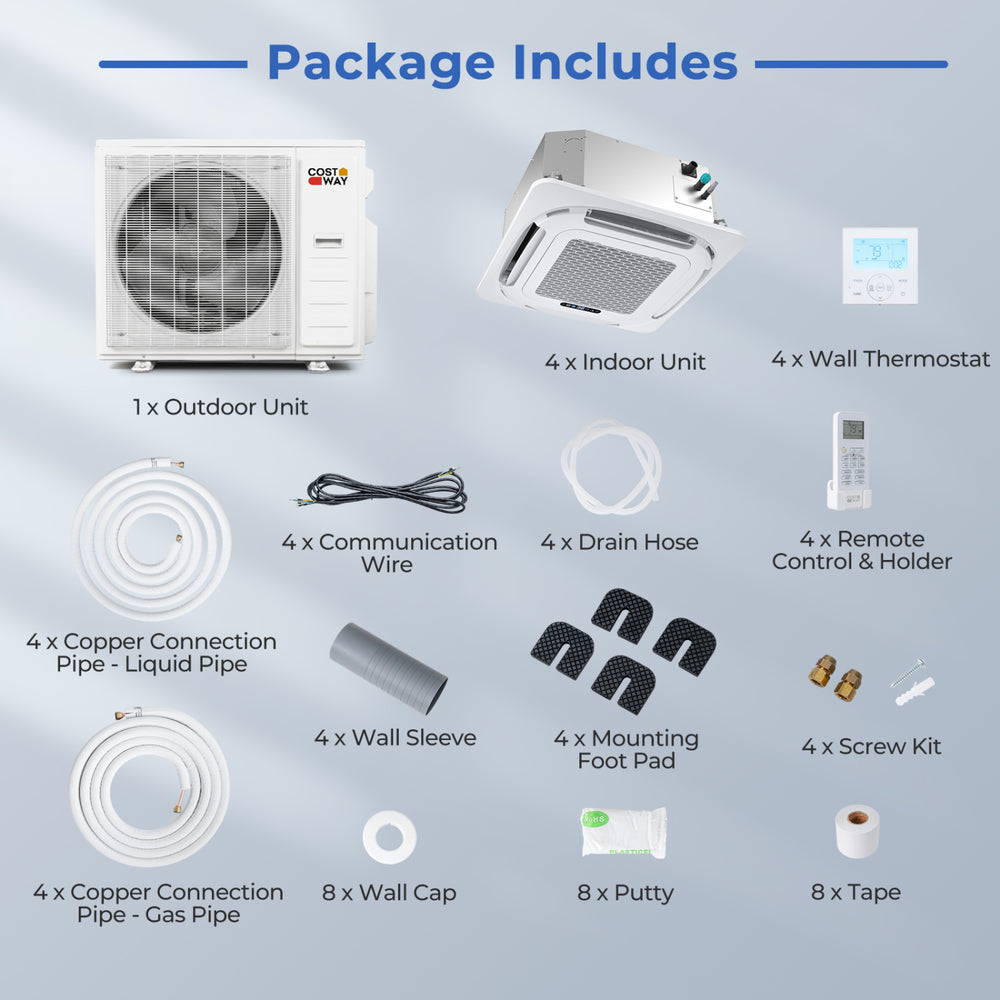 X-Pro 35000 BTU ceiling cassette mini split AC package includes outdoor unit, indoor unit, and installation accessories.
