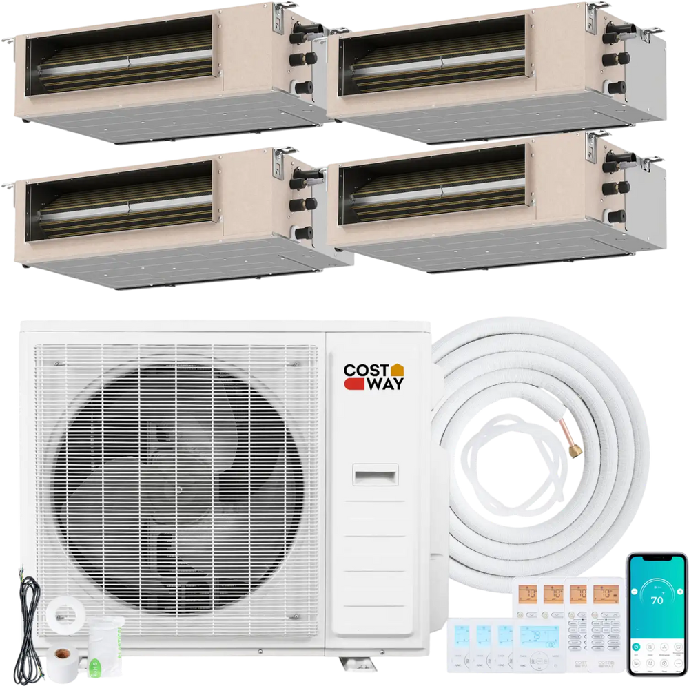Concealed ducted mini split AC system with 4 zones, 35000 BTU, and smart control for homes and offices.