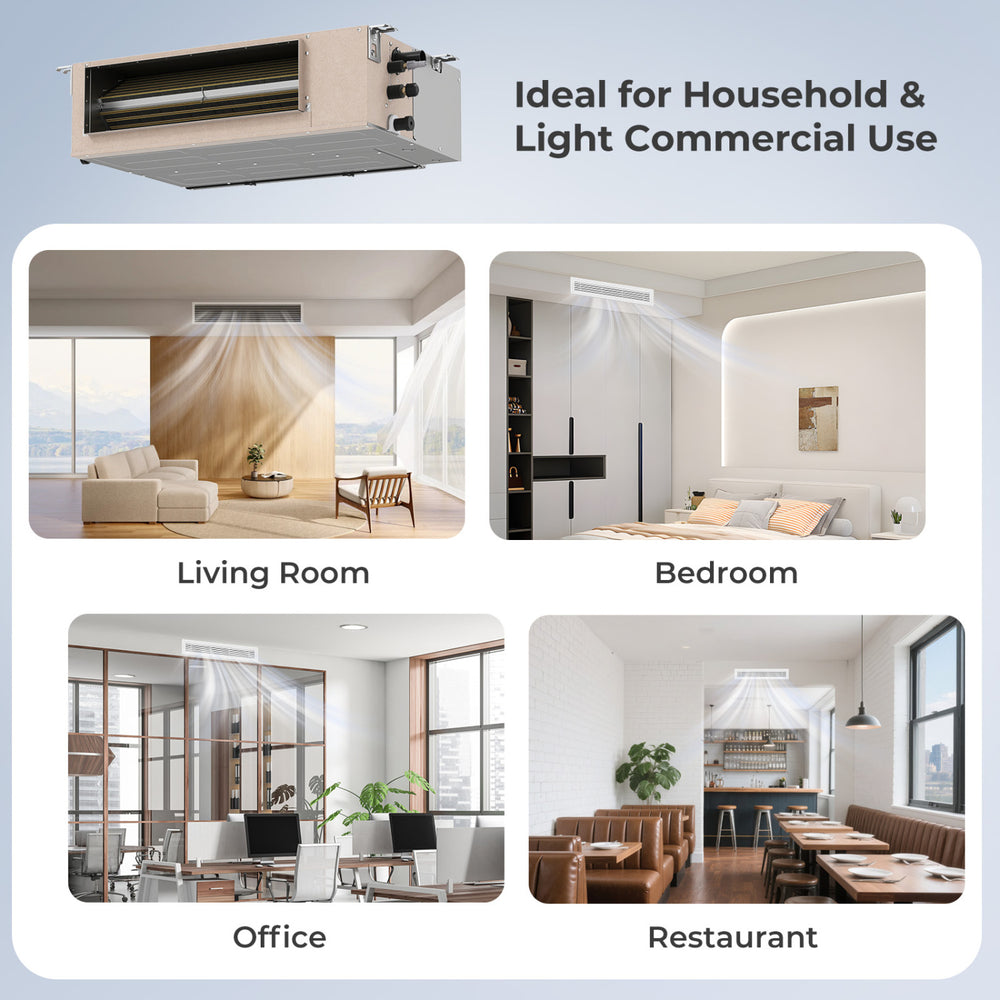 Concealed ducted mini split AC system for 4 zones, ideal for homes and light commercial use, featuring smart control.