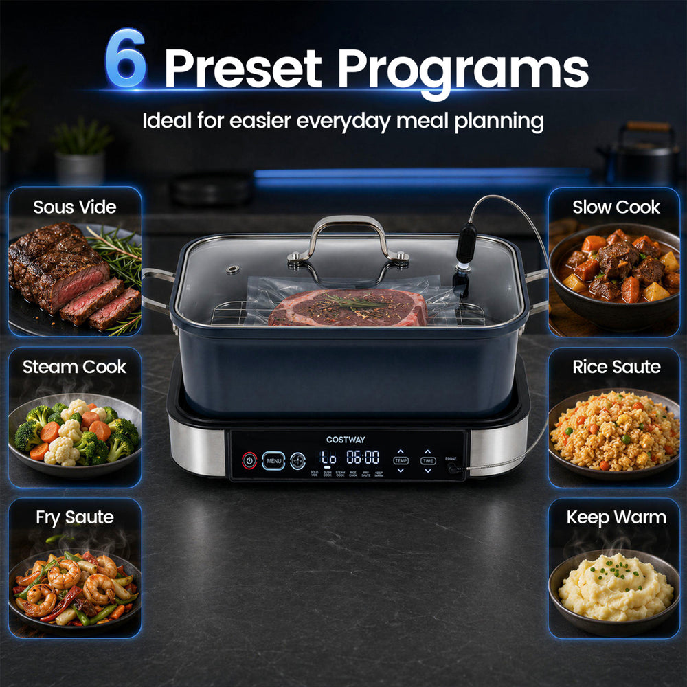 Multi cooker with 6 preset programs, adjustable timer, and nonstick removable pot for versatile meal preparation.