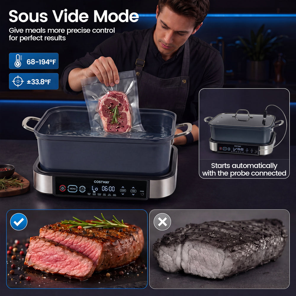 Sous vide cooking in the X Quart Multi Cooker enhances meal precision with automatic start and adjustable temperature control.
