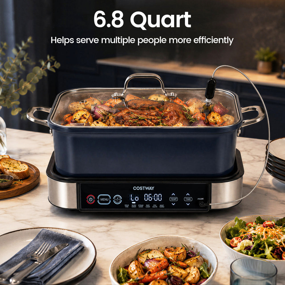 Multi cooker with a 6.8-quart capacity, featuring programmable functions and a removable nonstick pot for easy cleanup.