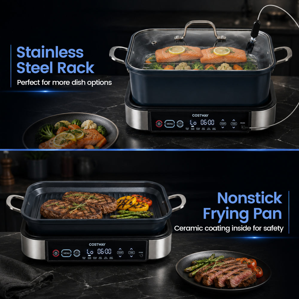 Stainless steel rack with salmon and vegetables, part of a 6-in-1 programmable slow cooker for versatile meal options.