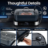 X Quart Multi Cooker with tempered glass lid, adjustable timer, and silicone foot pads for safe cooking and easy cleanup.