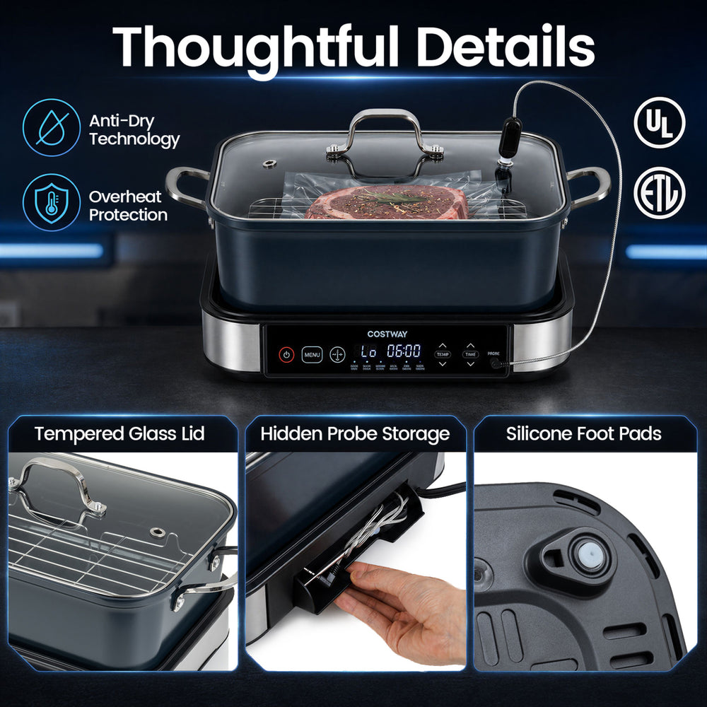 X Quart Multi Cooker with tempered glass lid, adjustable timer, and silicone foot pads for safe cooking and easy cleanup.