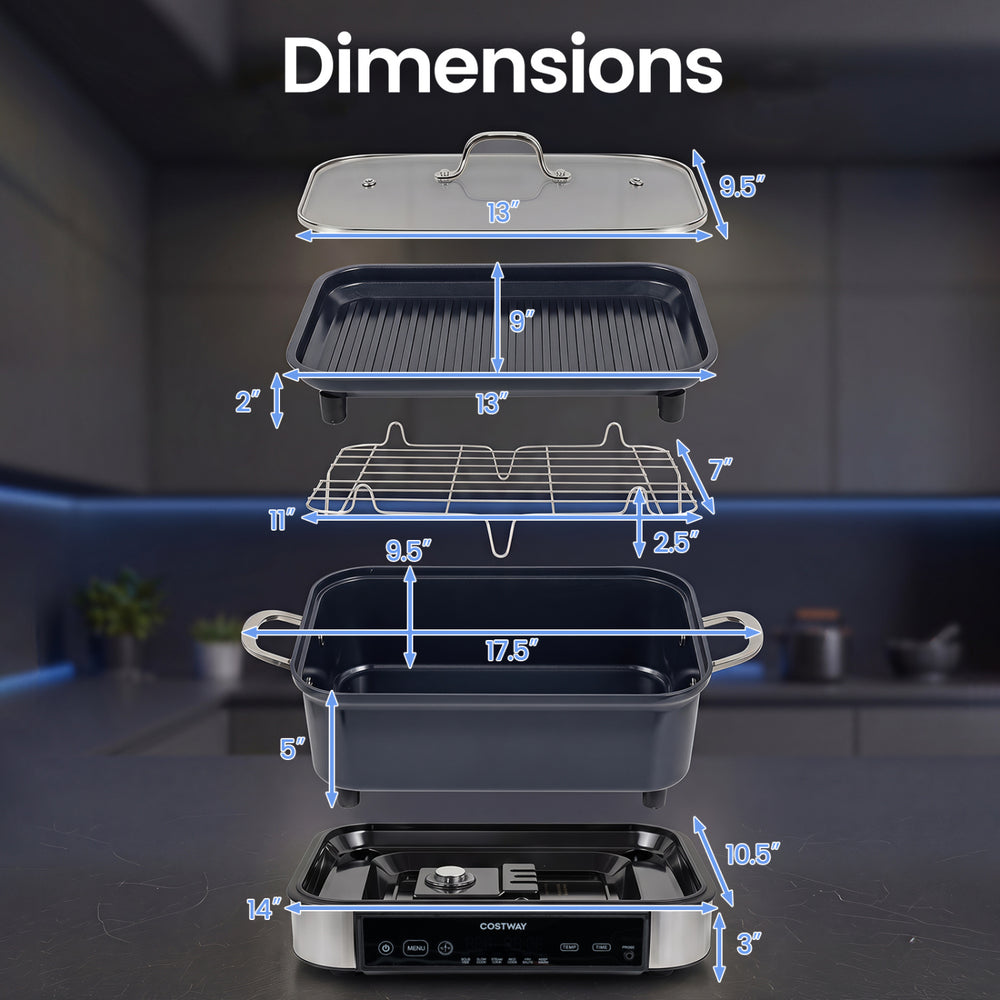 Dimensions of the X Quart Multi Cooker with removable nonstick pot, grill rack, and adjustable components for versatile cooking.