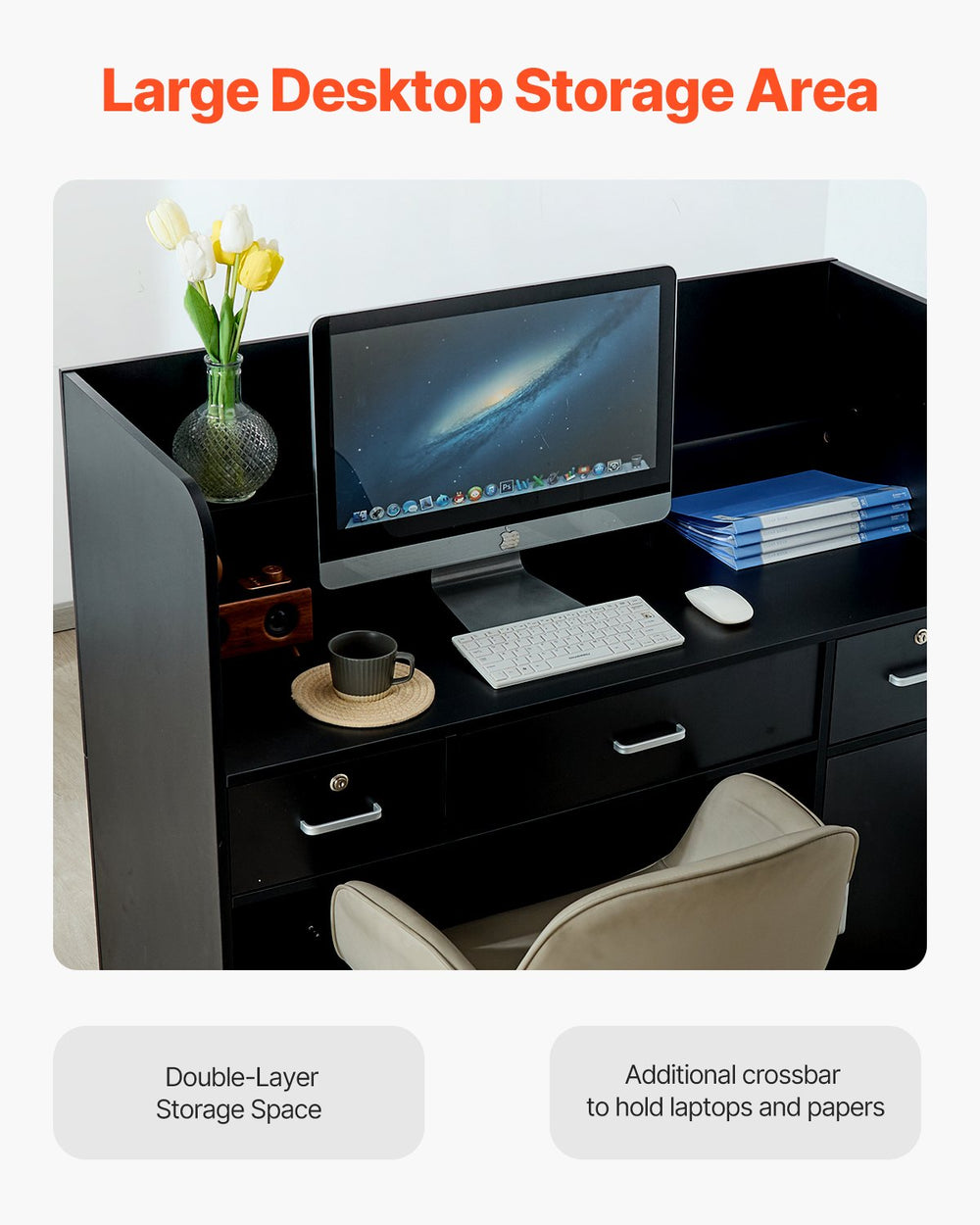 Vevor Reception Desk 47" Rectangular MDF Counter with 3 Lockable Drawer and Storage Cabinet Black New
