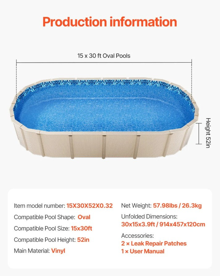Vevor 15' x 30' Oval Pool Liner 52" Wall Height Unibead Vinyl Above Ground New
