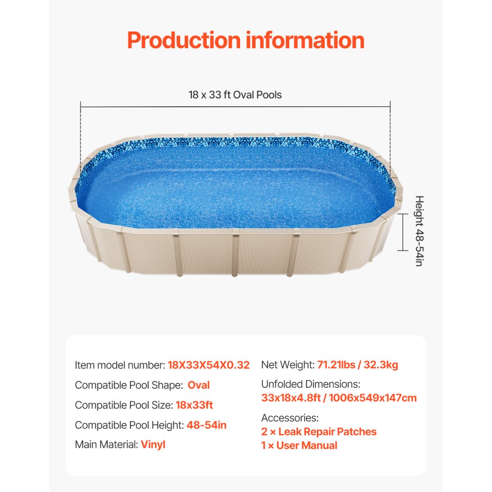 Vevor 18' x 33' Oval Pool Liner 54" Wall Height Overlap Vinyl Above Ground New