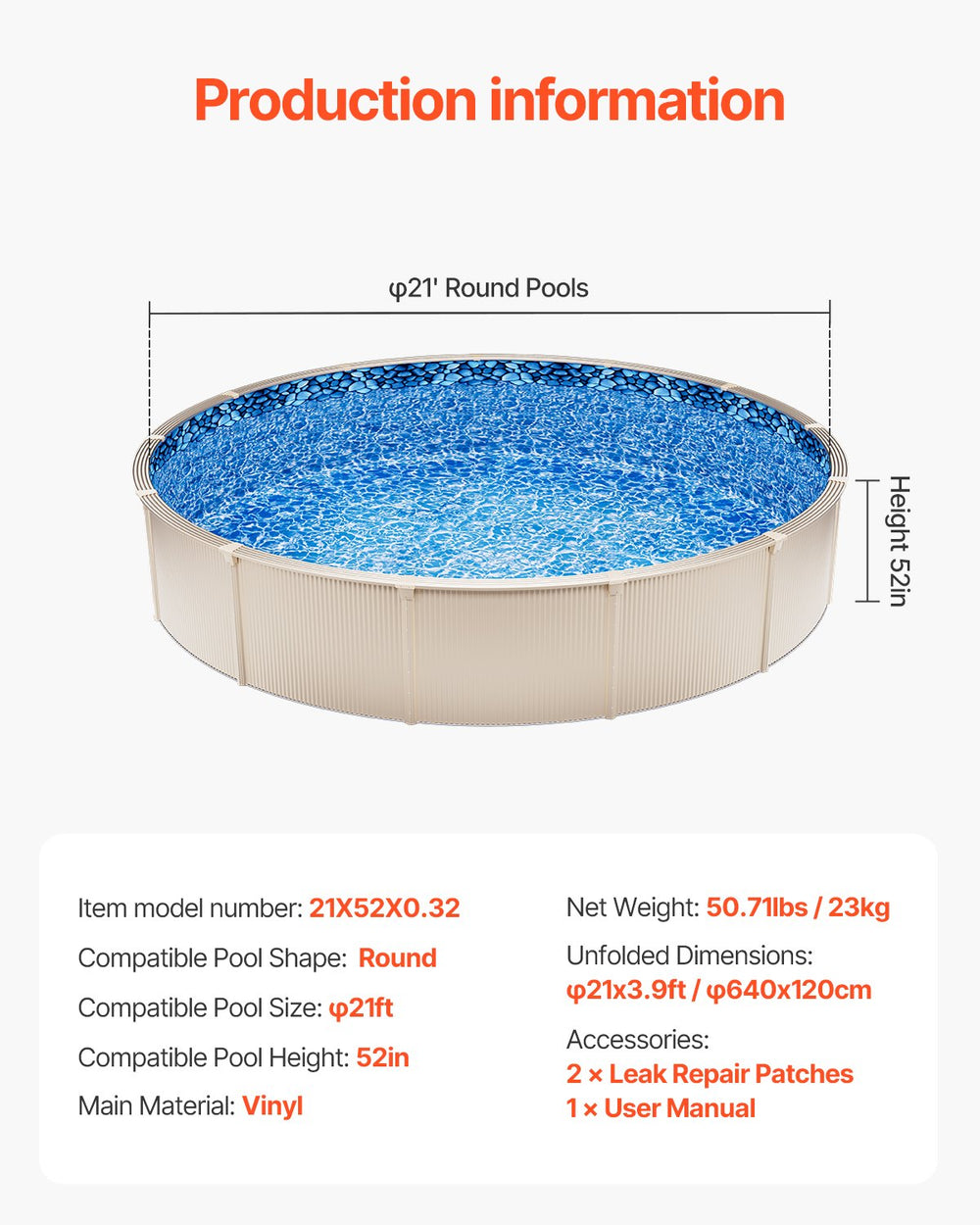 Vevor 21' Round Pool Liner 52" Wall Height Unibead Vinyl Above Ground New
