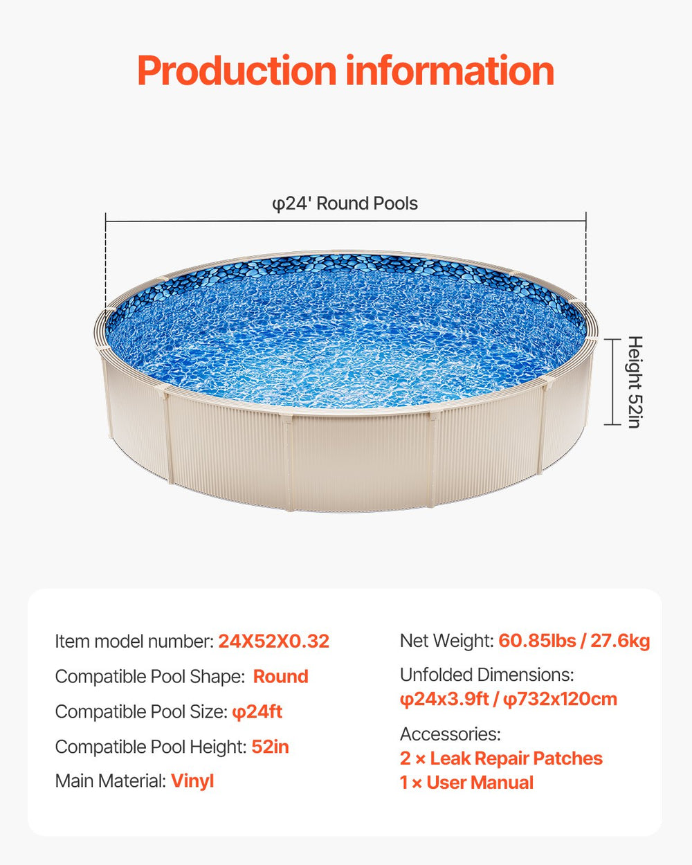 Vevor 24' Round Unibead Pool Liner for 52" Wall Height Durable Vinyl New