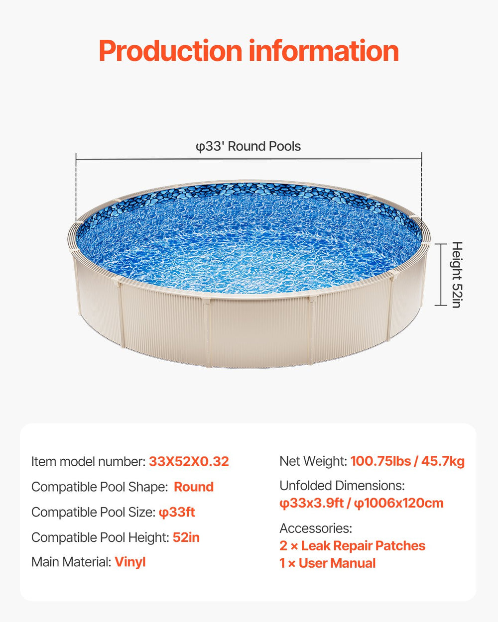 Vevor 33' Round Pool Liner 52" Wall Height Unibead Vinyl Above Ground New
