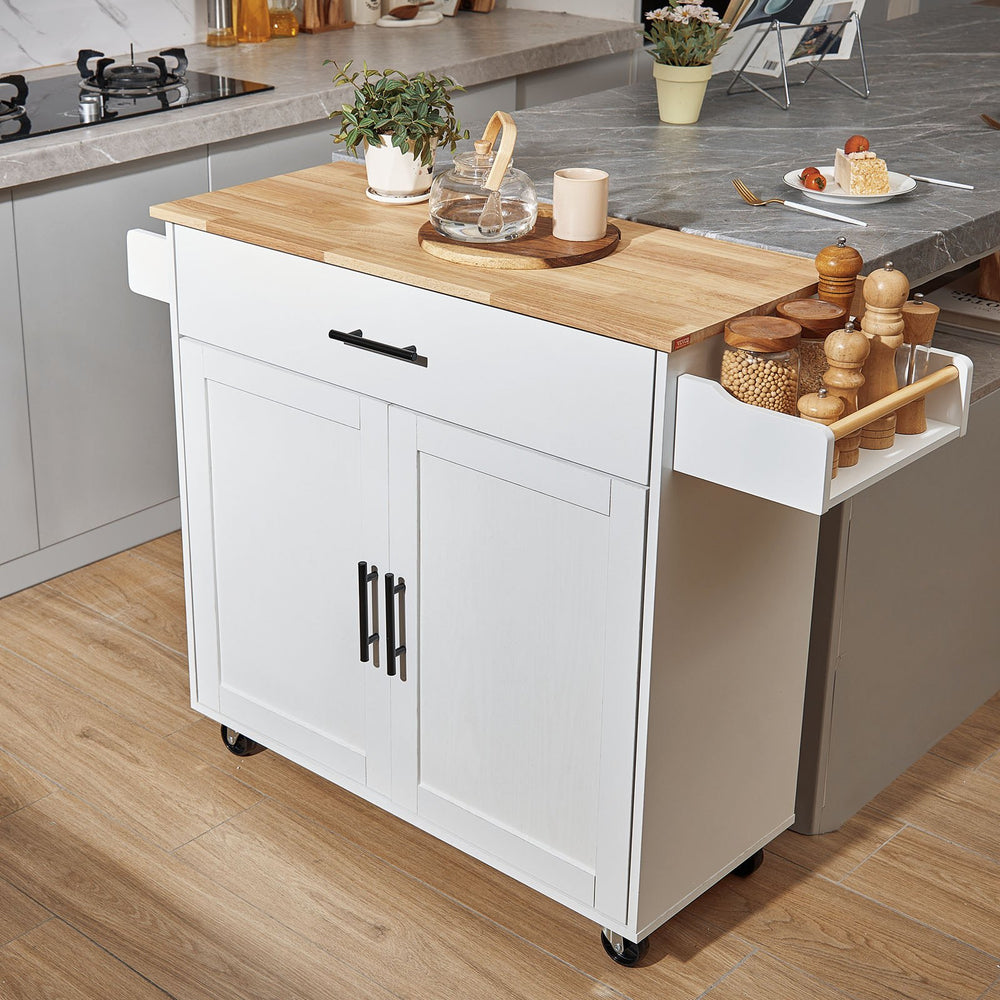 Vevor Kitchen Island Cart 35.4" Solid Rubberwood Top Mobile with Drop Leaf Spice Rack and Drawer White New