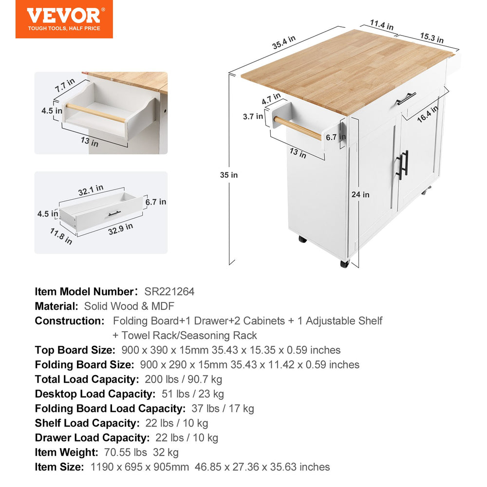 Vevor Kitchen Island Cart 35.4" Solid Rubberwood Top Mobile with Drop Leaf Spice Rack and Drawer White New