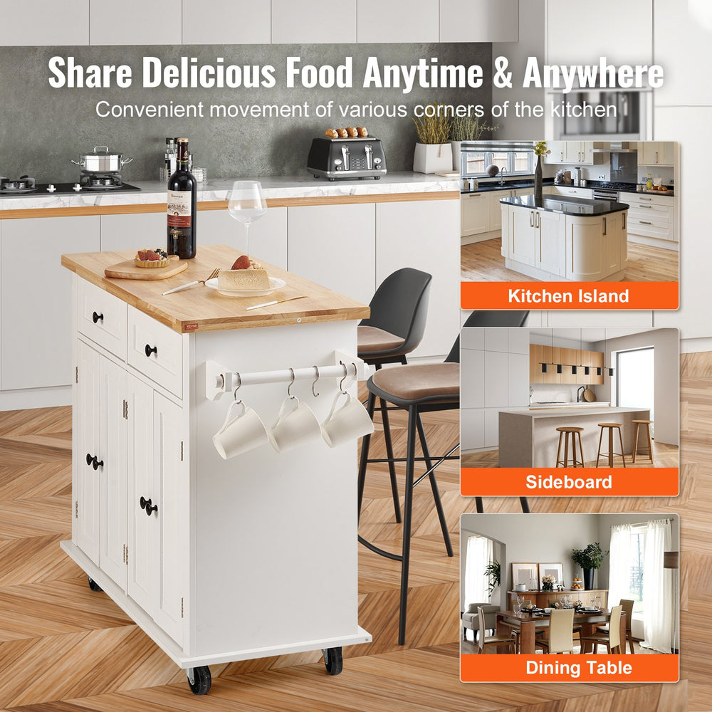 Vevor Kitchen Island Cart 35.4" Solid Rubberwood Top Mobile with Drop Leaf Spice Rack and 2 Drawers White New