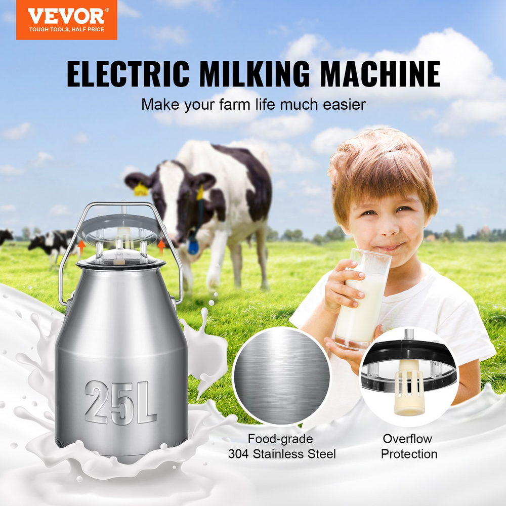 Vevor Electric Cow Milking Machine 6.6 Gal. 25L 304 Stainless Steel Food Grade Silicone Portable New