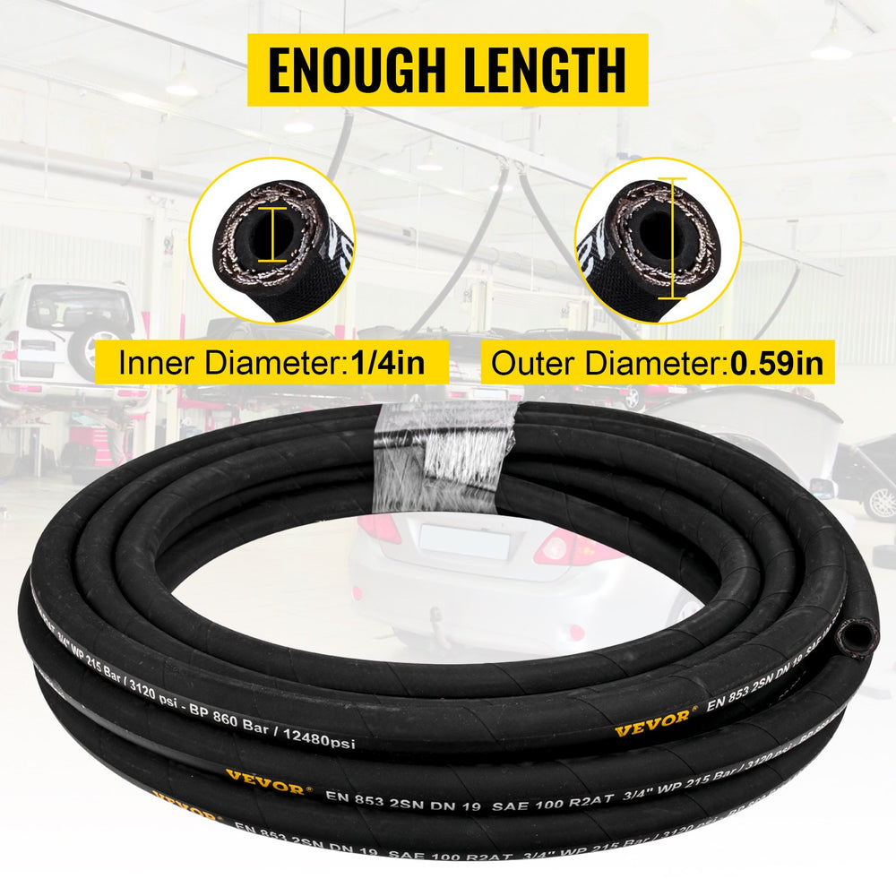 Vevor Hydraulic Hose 1/4" x 328' 5800 PSI Flexible Coiled Rubber with Dual Steel Wire Braid 40-248°F New