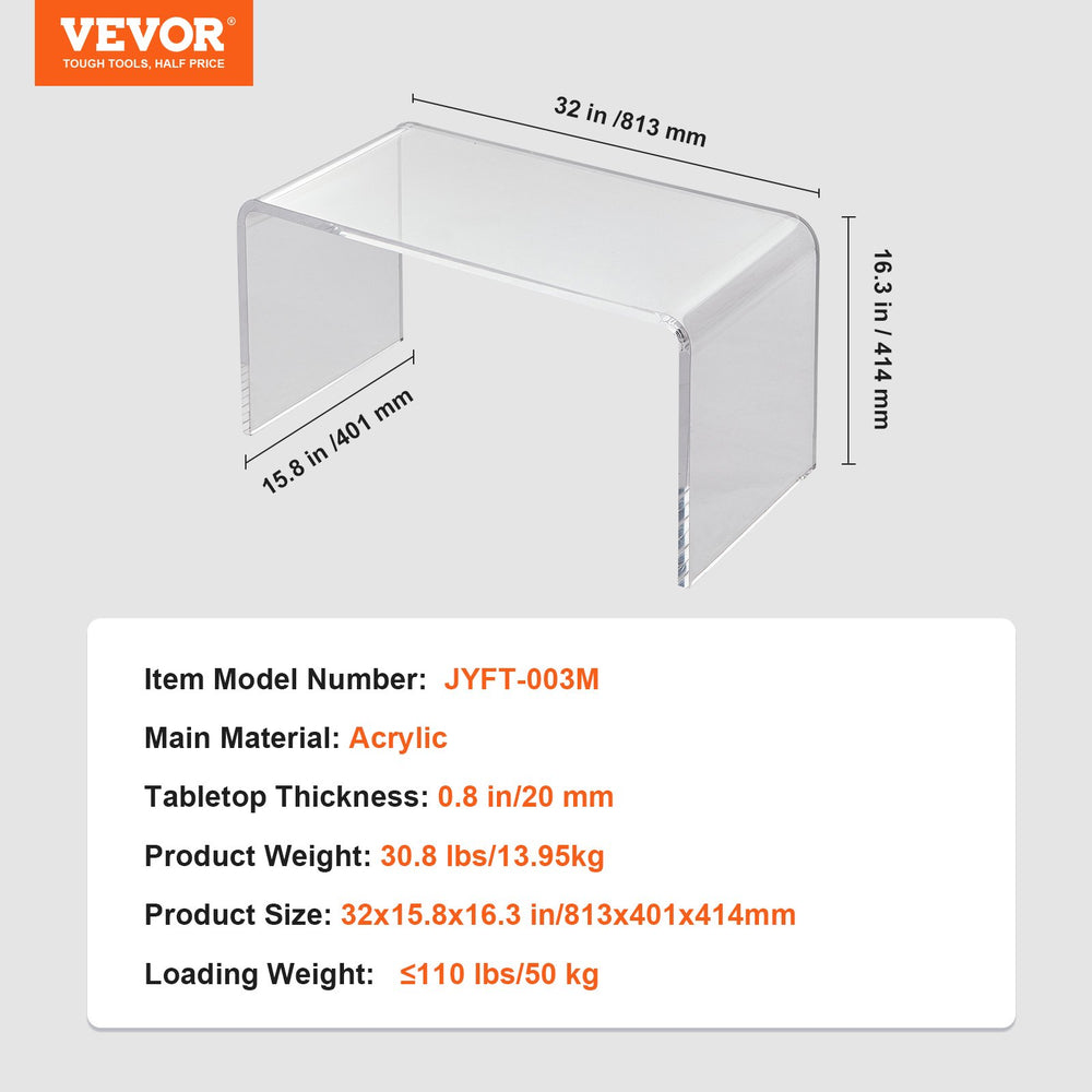 Vevor Acrylic Coffee Table 32" x 15.8" x 16.3" Clear U-Shaped Side Table New