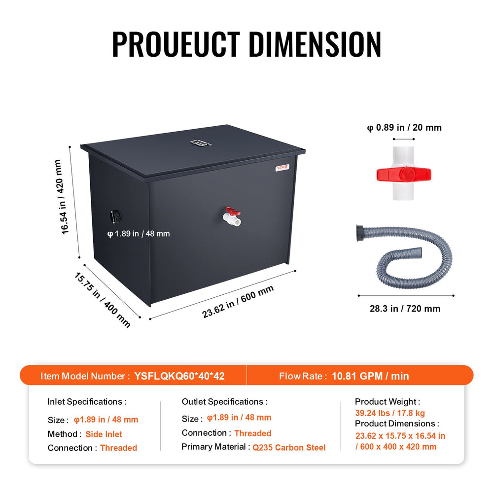 Vevor Grease Trap 30 Lbs Capacity 10.81 GPM Carbon Steel Commercial Wastewater Oil Interceptor New