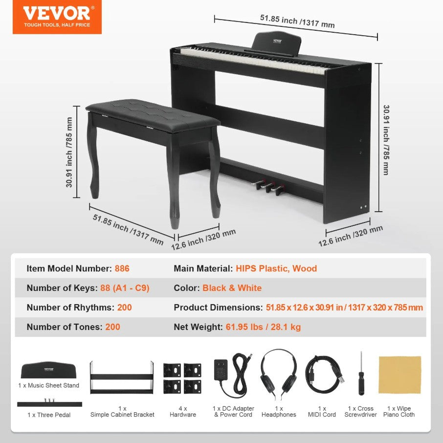 Vevor 88-Key Fully Weighted Digital Piano with Dual Keyboard Bench and Stand New