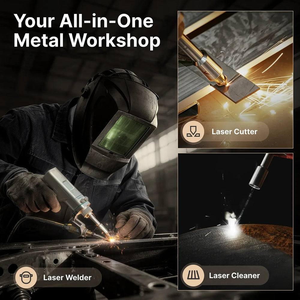 Laser welder, cutter, and cleaner in action for metal workshop use