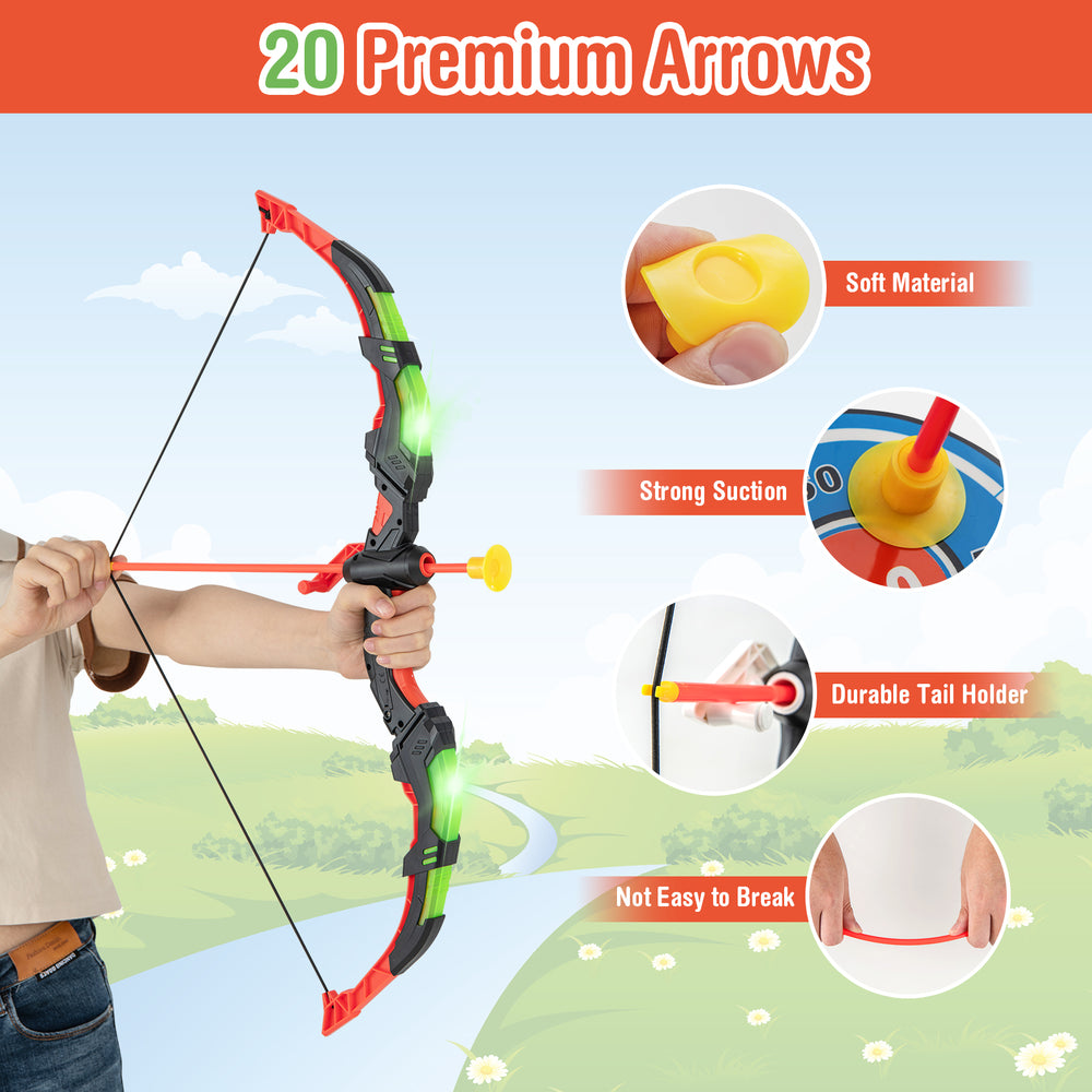 Youth archery bow set with LED lights, featuring 20 suction cup arrows and a durable tail holder for safe play.