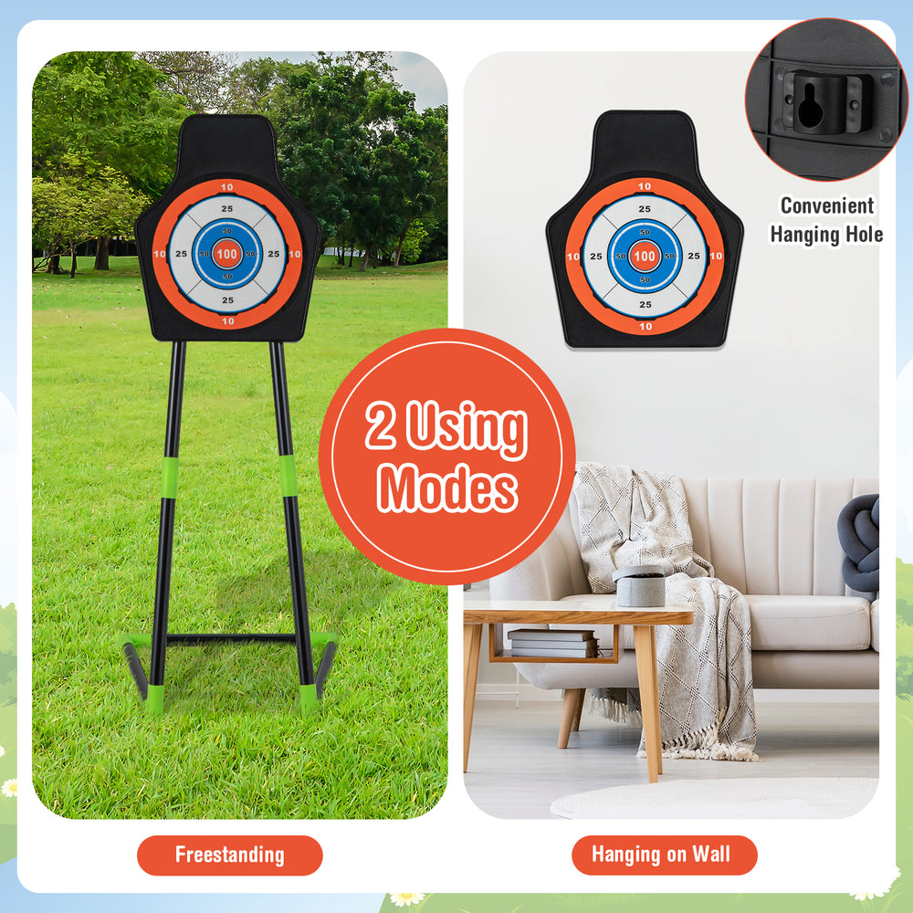 Freestanding archery target with clear scoring zones, designed for youth bow set, suitable for outdoor and indoor use.