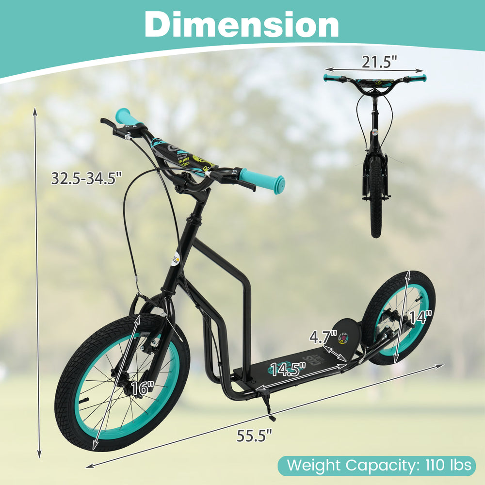 Youth scooter with adjustable handlebar, 16/14-inch inflatable wheels, and sturdy frame for ages 8+, weight capacity.