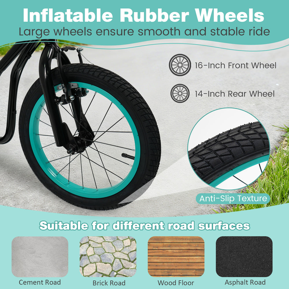 Youth scooter featuring 16-inch front and 14-inch rear inflatable wheels with anti-slip texture for stable rides.