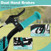 Close-up of the dual hand brakes on a youth scooter with adjustable handlebar and inflatable wheels for safe riding.