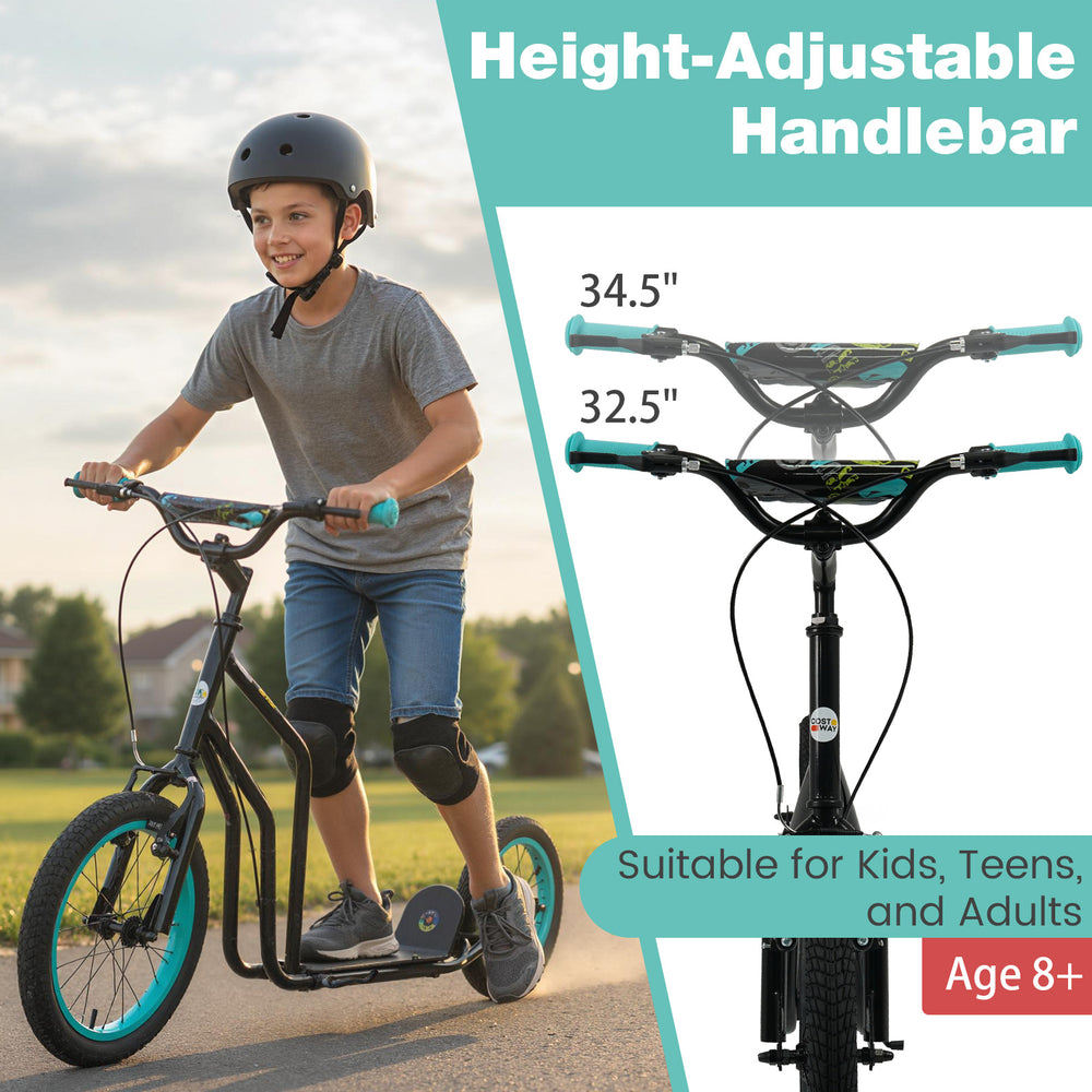 Youth scooter featuring a height-adjustable handlebar, 16-inch inflatable wheels, and sturdy metal frame for ages 8+.