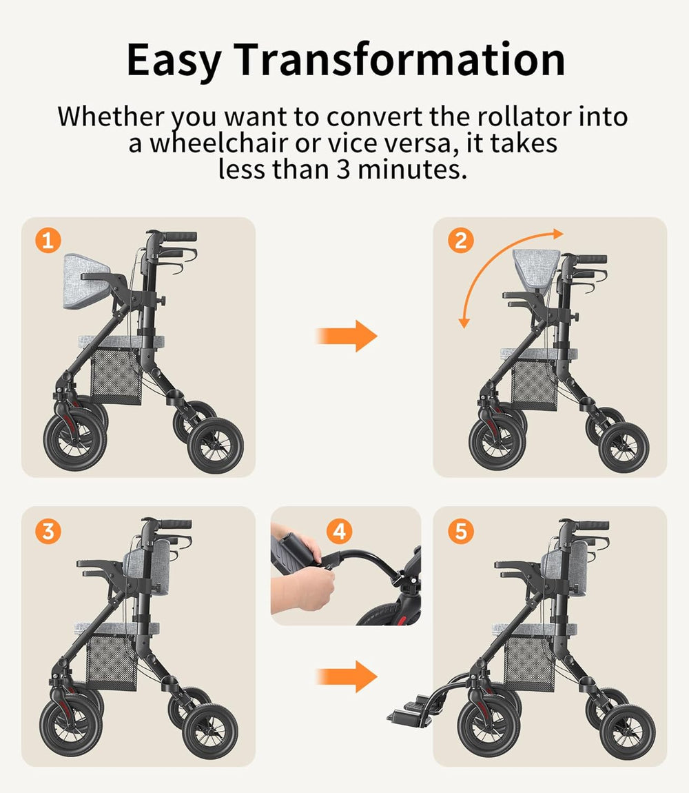 Vocic Z51 2-in-1 Rollator and Transport Chair Lightweight Foldable Everyday Mobility 300 Lb Capacity New