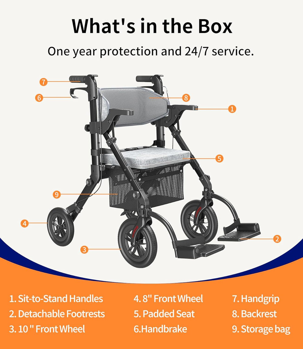 Vocic Z51 2-in-1 Rollator and Transport Chair Lightweight Foldable Everyday Mobility 300 Lb Capacity New