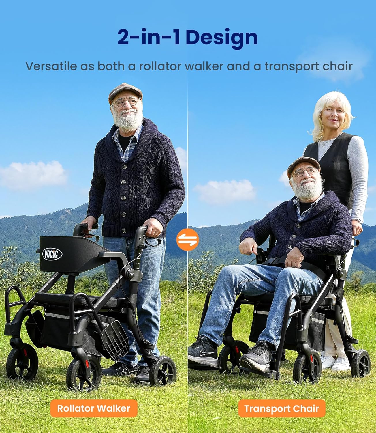 Vocic Z55 2-in-1 Rollator and Transport Chair Heavy-Duty