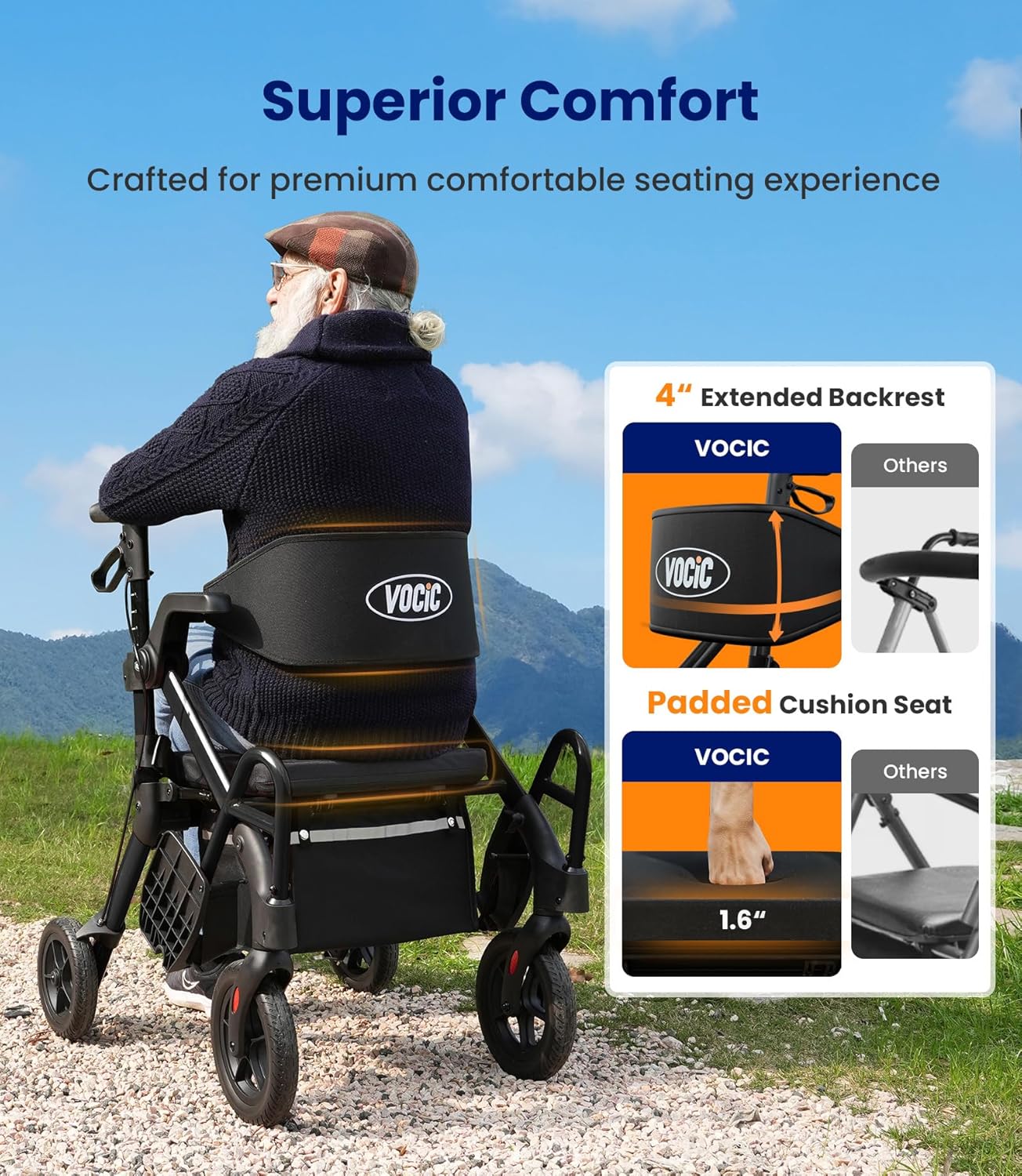 Vocic Z55 2-in-1 Rollator and Transport Chair Heavy-Duty