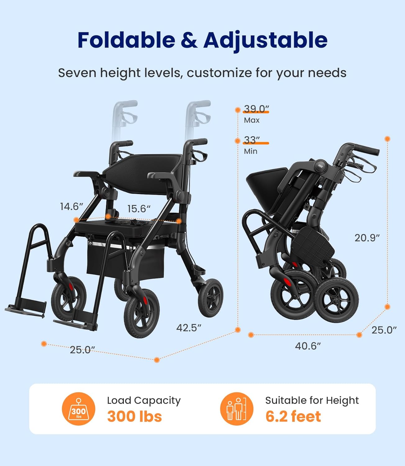 Vocic Z55 2-in-1 Rollator and Transport Chair Heavy-Duty