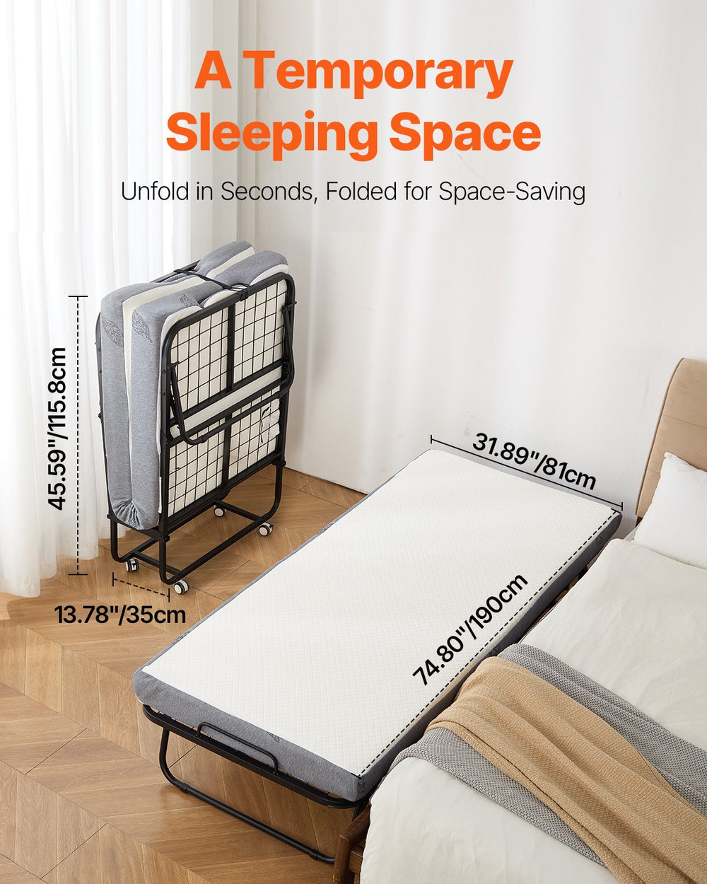 Vevor Twin Foldable Rollaway Bed 31" x 75" Steel Frame with 5" Memory Foam Mattress New