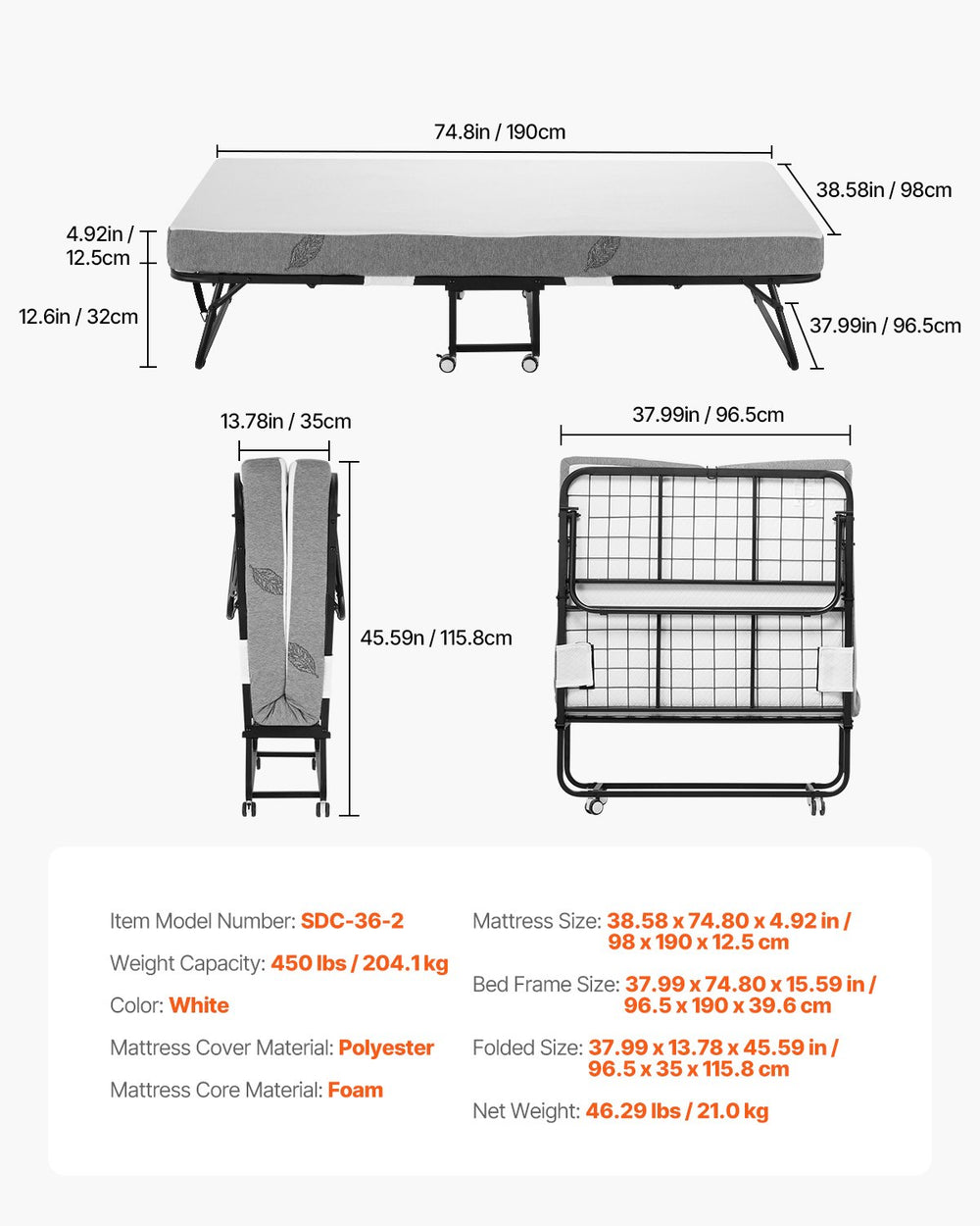 Vevor Twin Foldable Rollaway Bed 38" x 75" Steel Frame with 5" Memory Foam Mattress New