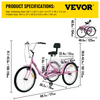 Vevor Adult Tricycle 24" Wheels 1 Speed Foldable With Basket New