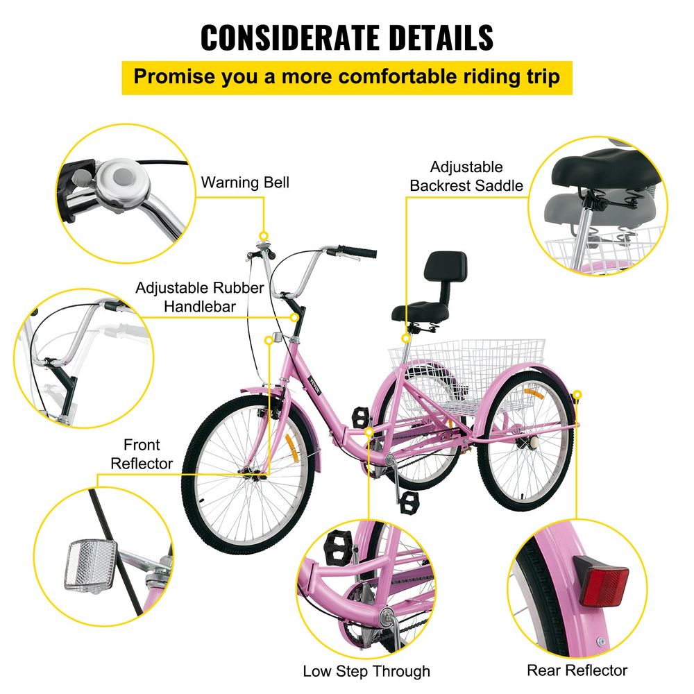 Vevor Adult Tricycle 26" Wheels 1 Speed Foldable With Basket Pink New