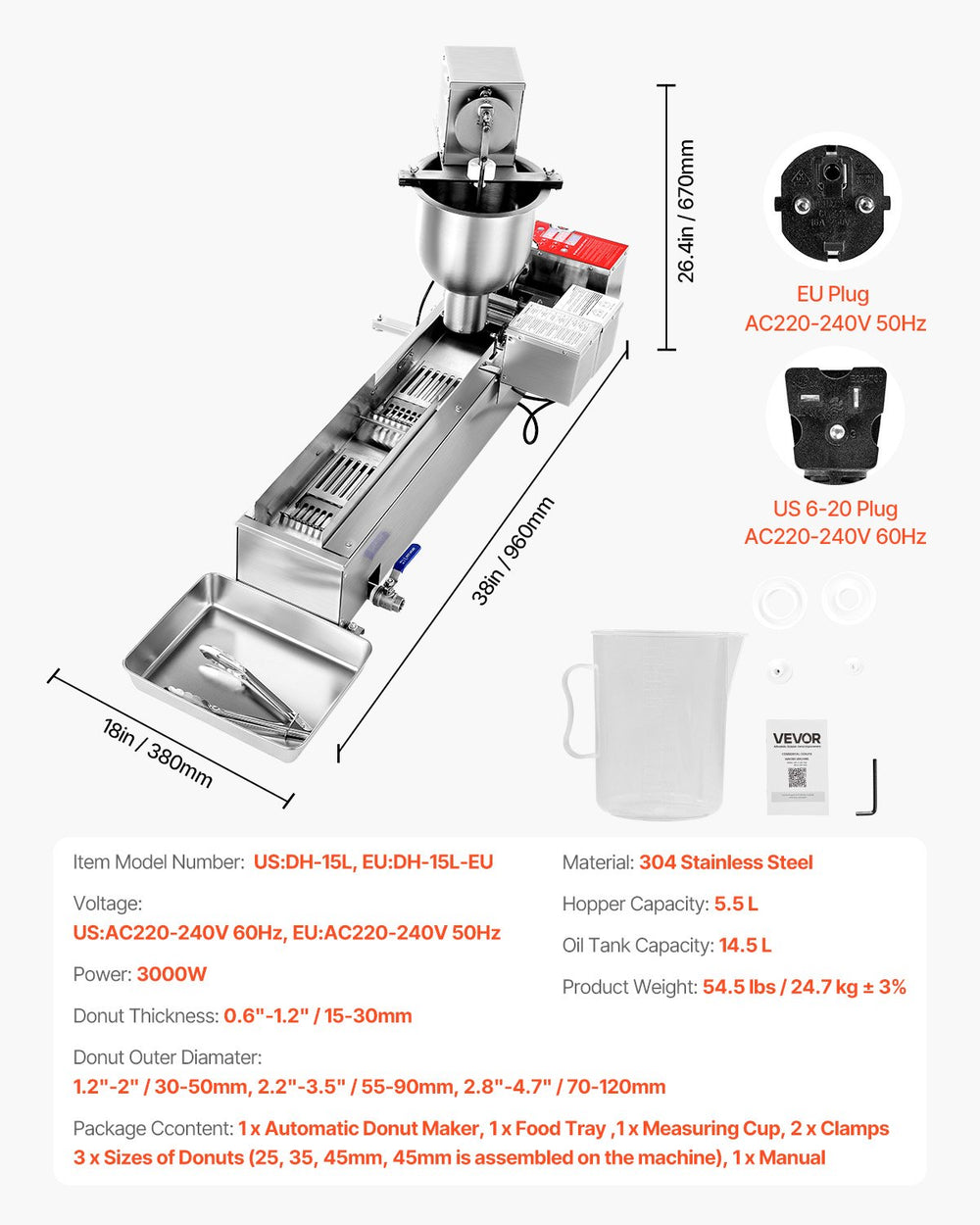 Vevor Commercial Donut Maker Automatic 90 PCS/Hr Single Row Stainless Steel 1.5 Gal Hopper New