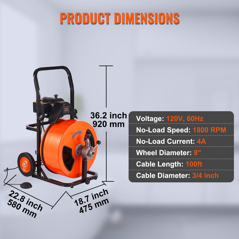 Vevor Drain Cleaner Machine 100' x 3/4" Sewer Auger Auto Feed 4 Cutters Fits 1" to 4" Pipes New