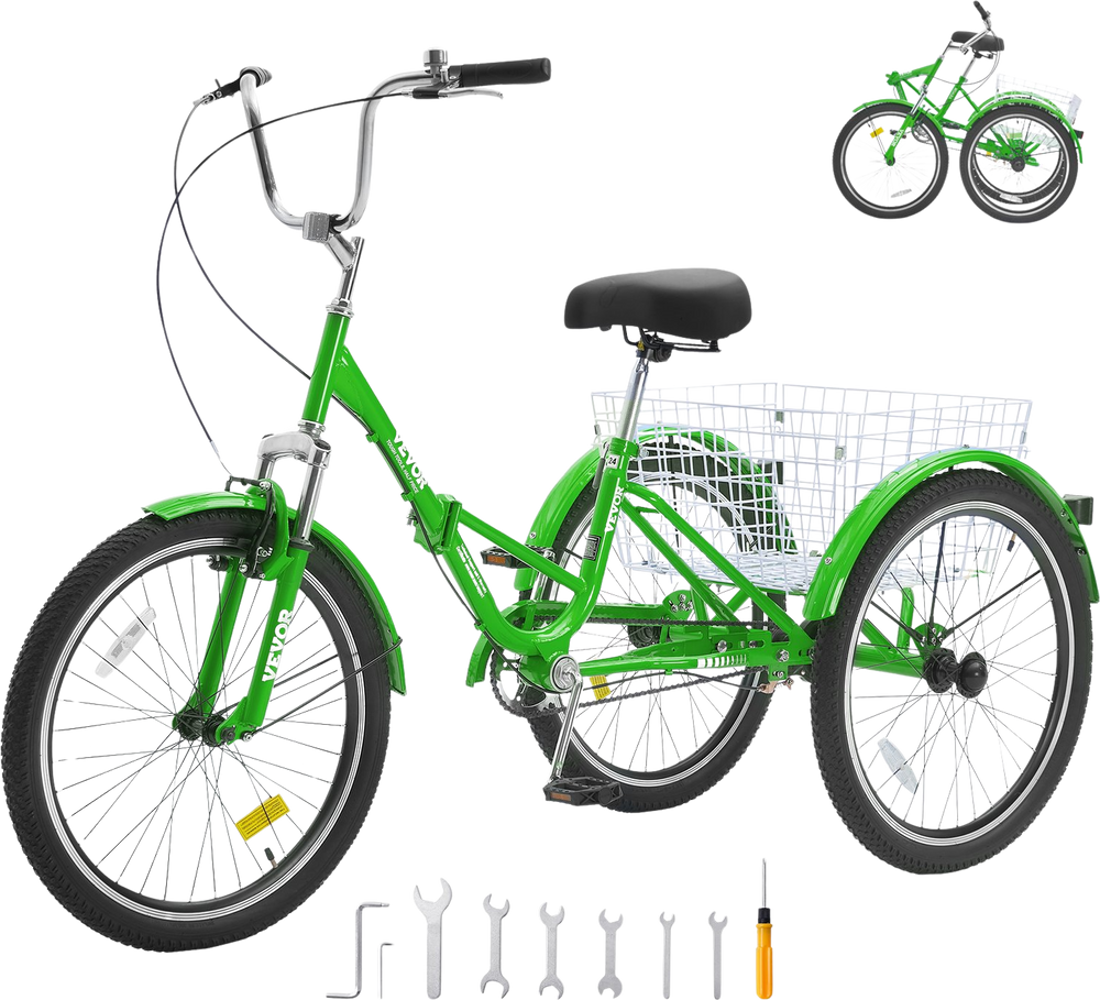 3 wheel bicycle adults VEVOR Folding Adult Tricycle 24-Inch Carbon Steel 3-wheel Cruiser Bike with Large Basket Adjustable Seat Red