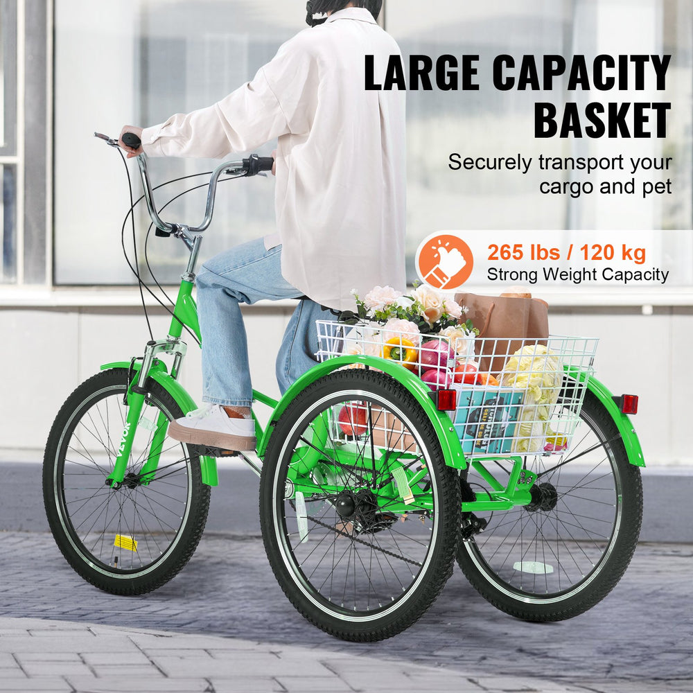 Vevor Adult Tricycle 26" 7-Speed Folding Carbon Steel Cruiser with Large Basket and Adjustable Seat New