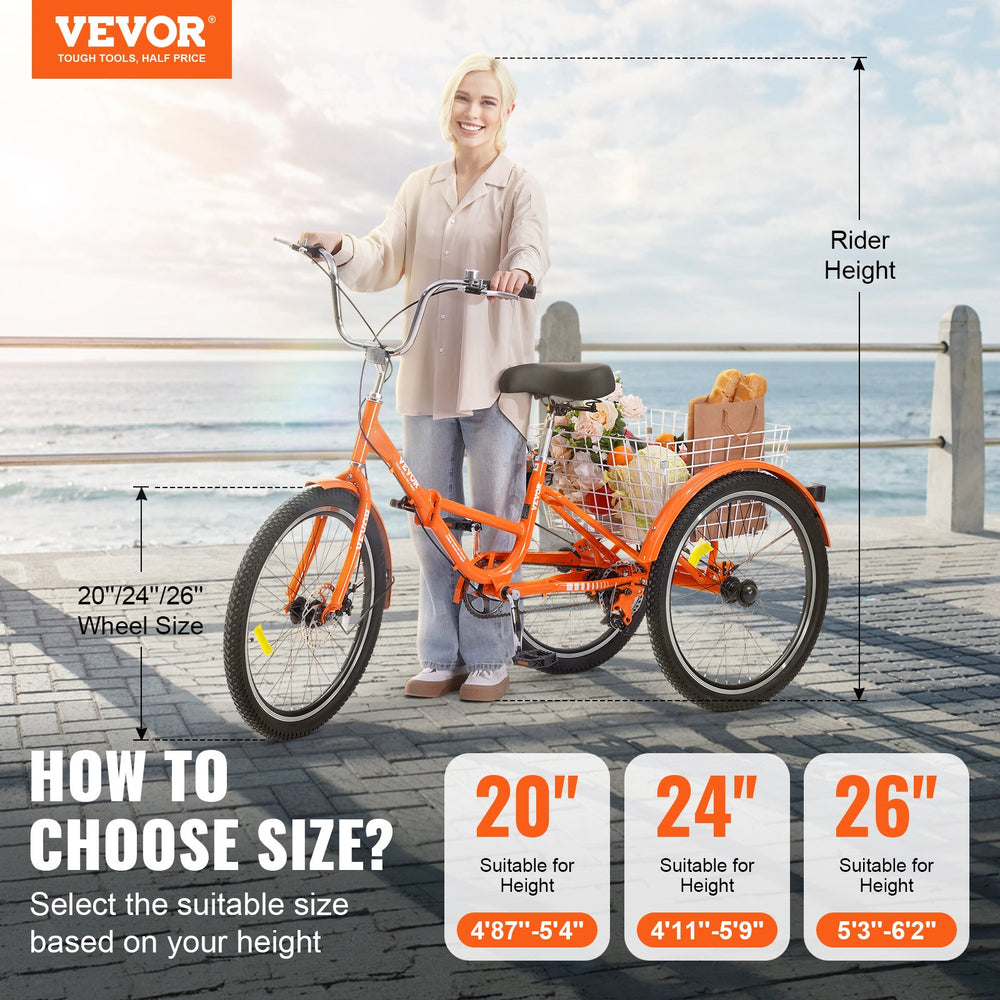 Vevor Adult Tricycle 20" 1-Speed Folding Aluminum Alloy Cruiser with Large Basket and Adjustable Seat New