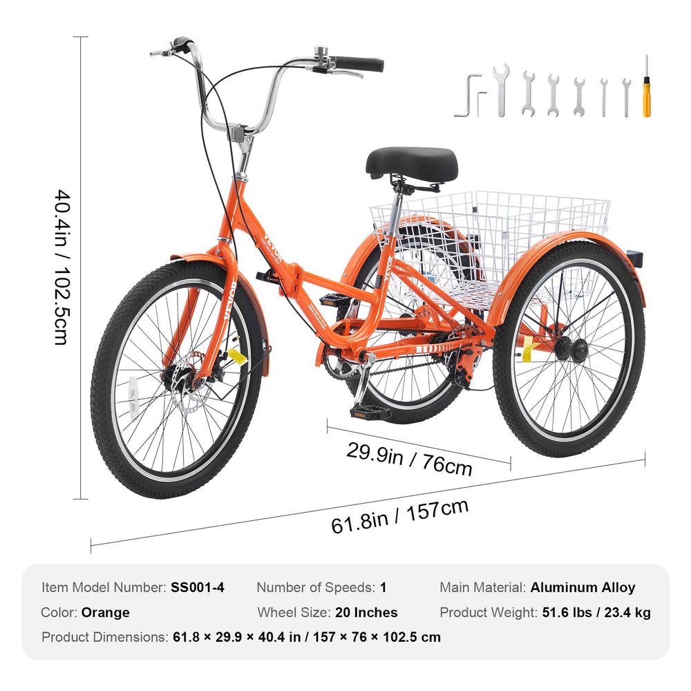 Vevor Adult Tricycle 20" 1-Speed Folding Aluminum Alloy Cruiser with Large Basket and Adjustable Seat New